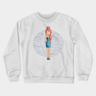 Cute girl with long red hair wearing a teal outfit and shoes. Crewneck Sweatshirt